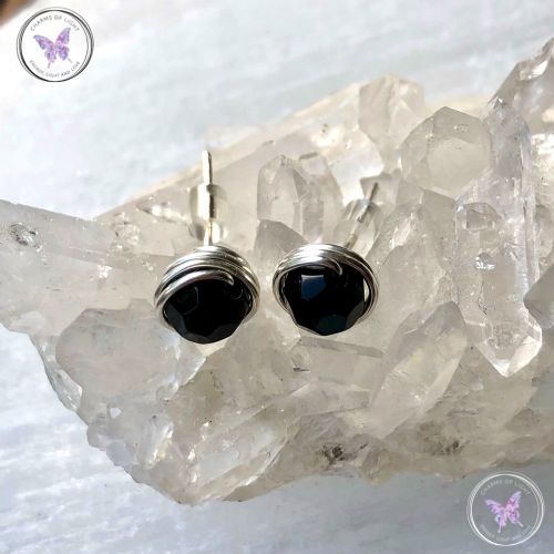 Faceted Black Onyx Silver Wire Wrap Stud Earrings